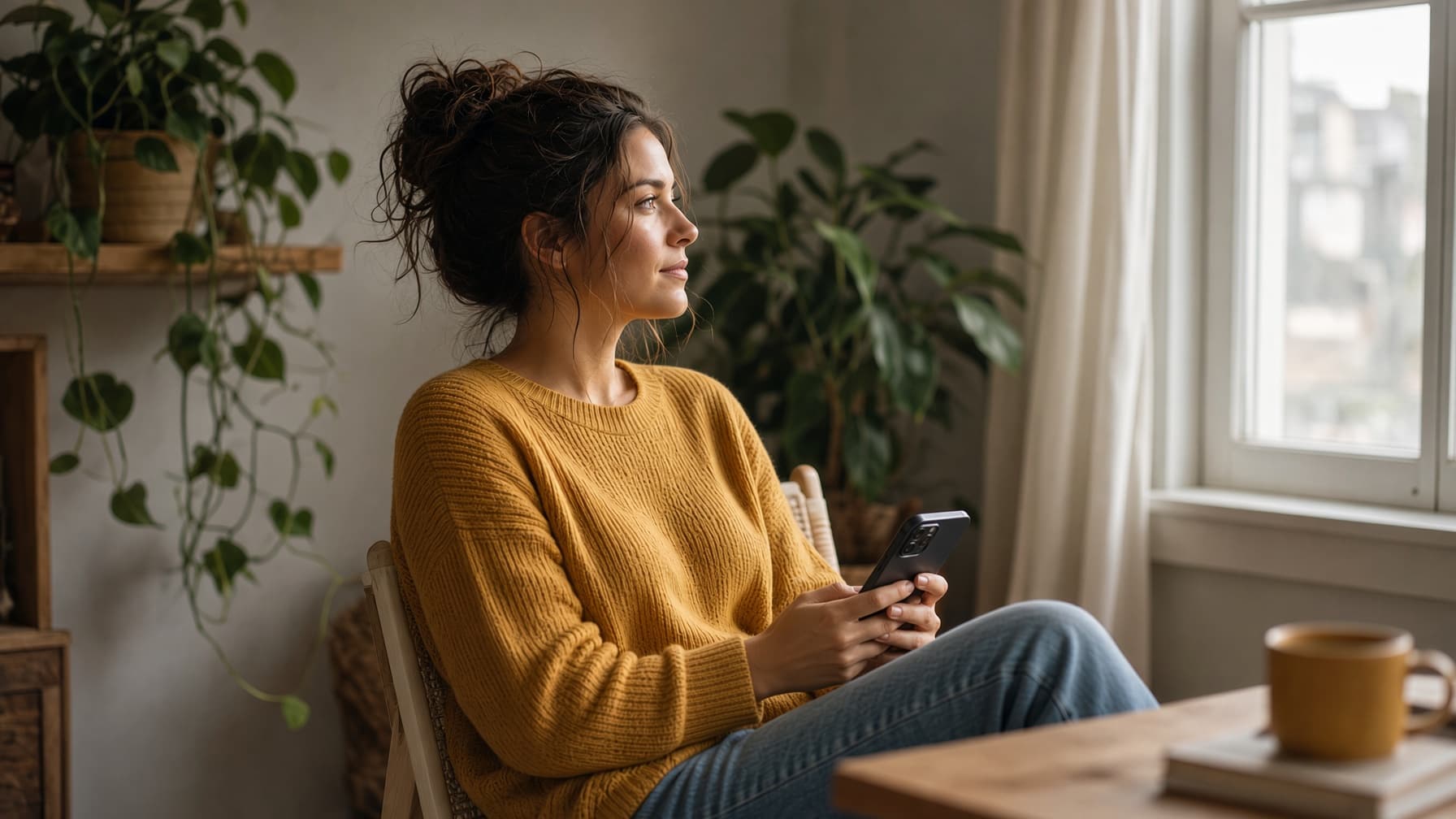 A woman sitting by a window with her phone, looking out