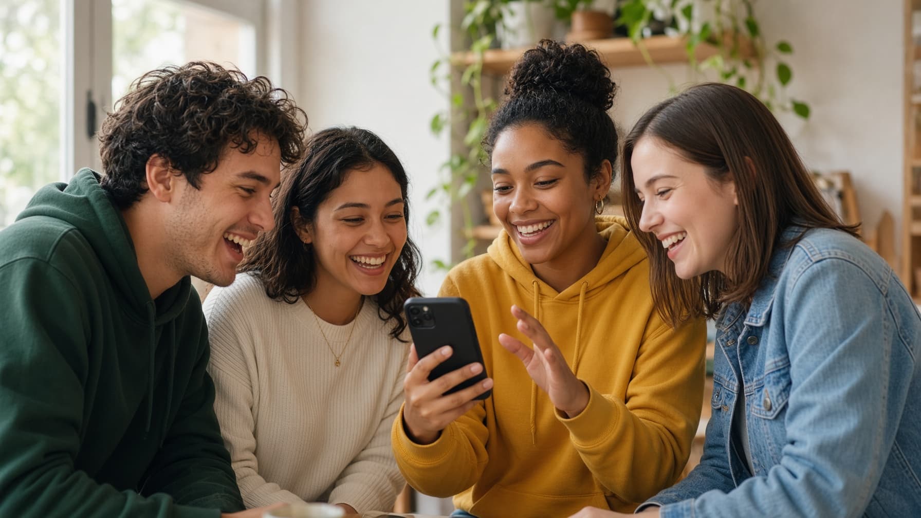 Four friends leaning in around a phone, laughing