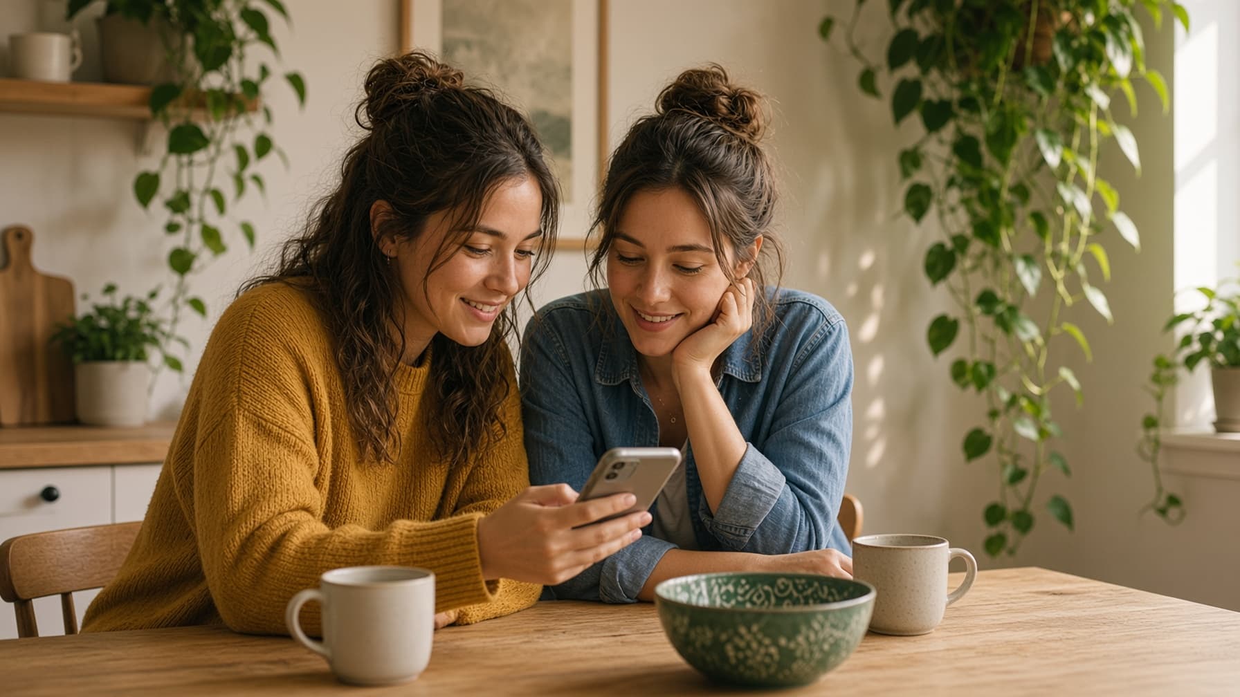 One friend showing something on her phone to another, at a kitchen table